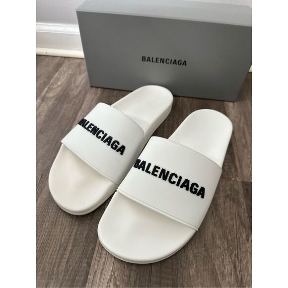 BALENCIAGA MEN'S POOL SLIDE SANDAL IN WHITE BLACK - Picture 12 of 14